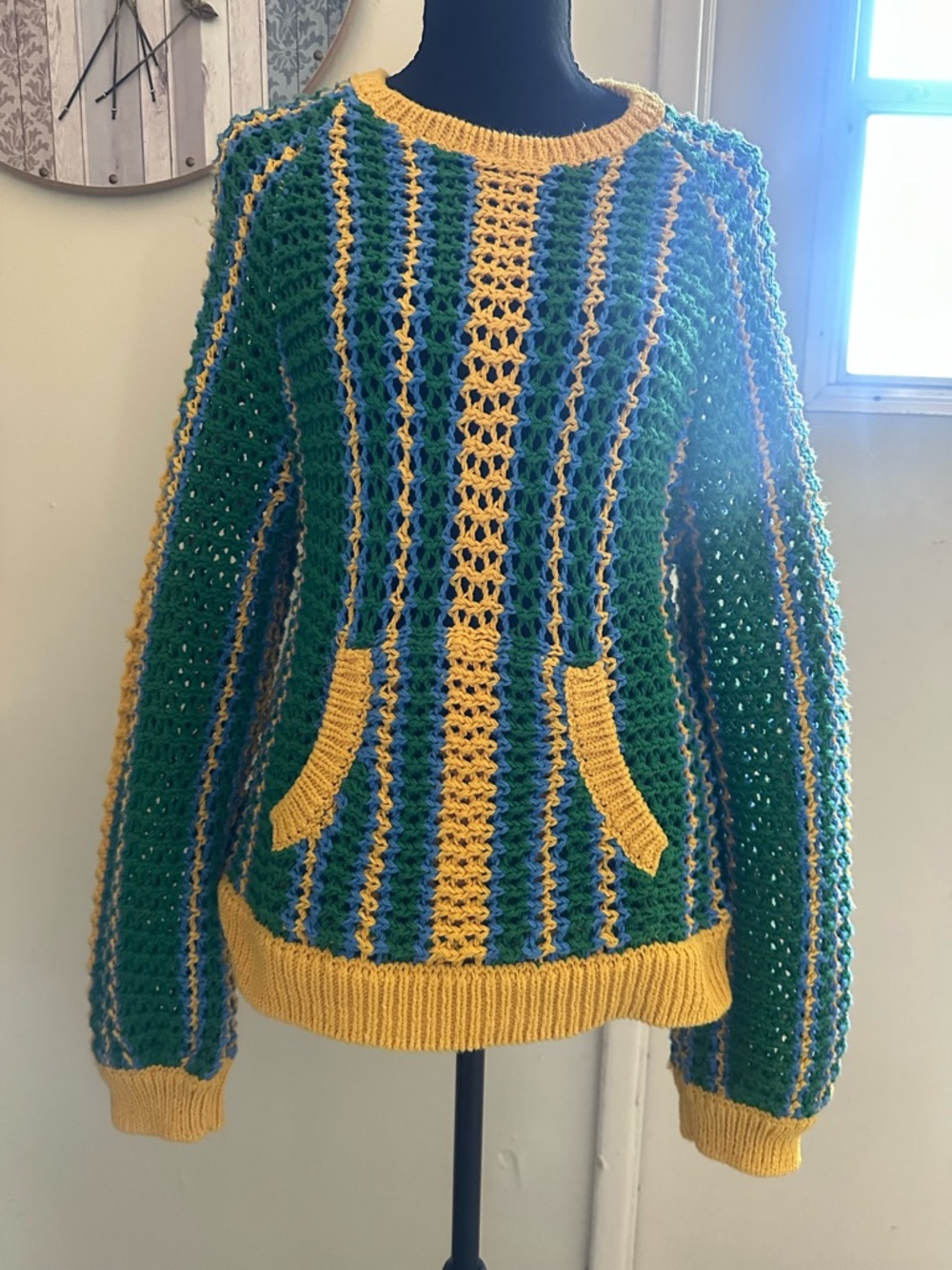 Free People Green, Blue & Yellow Crochet Crewneck Sweater